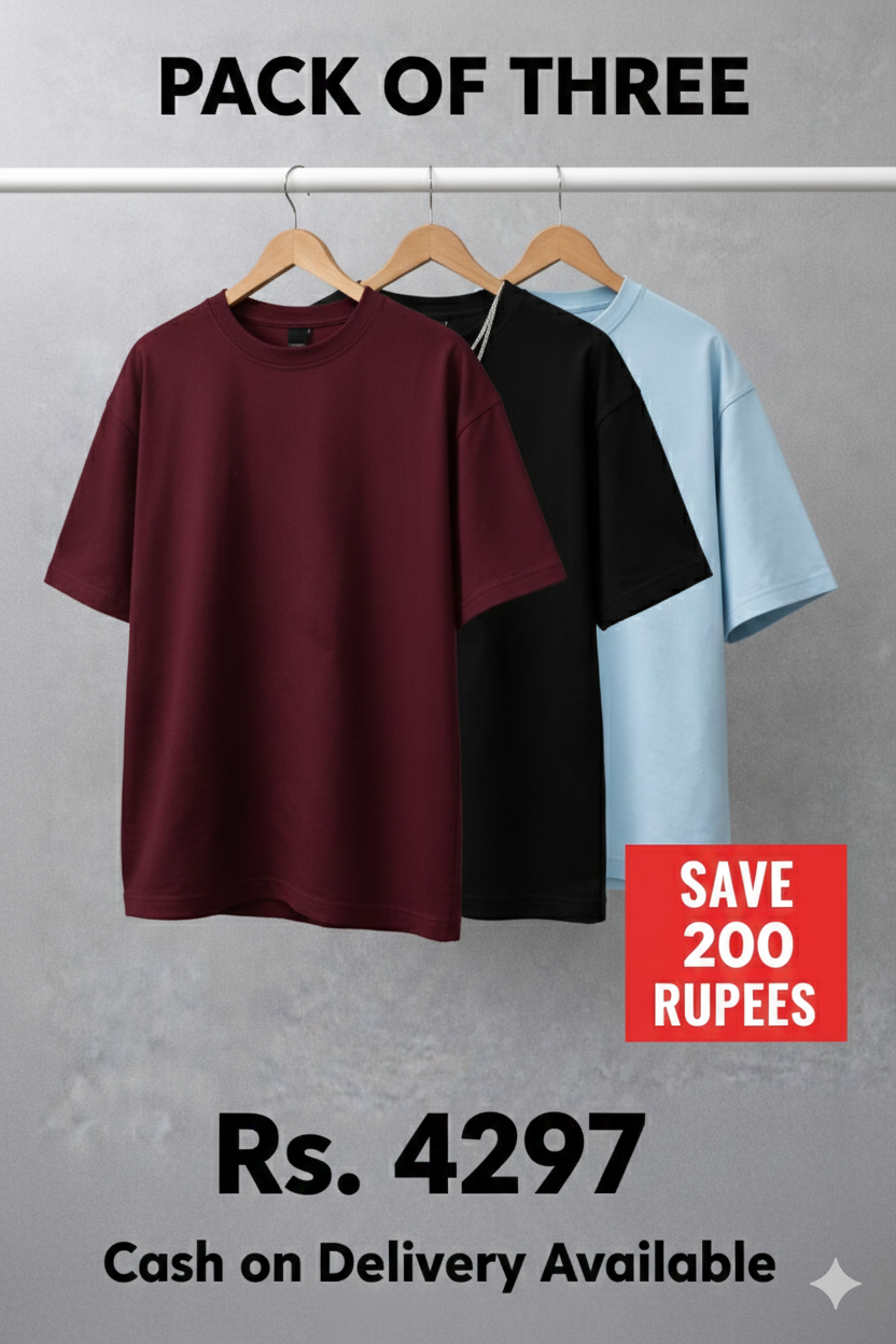 Men's Pack of 3 T-Shirts Combo - Drop Shoulder Oversized Fit | Maroon,Black & Sky Blue