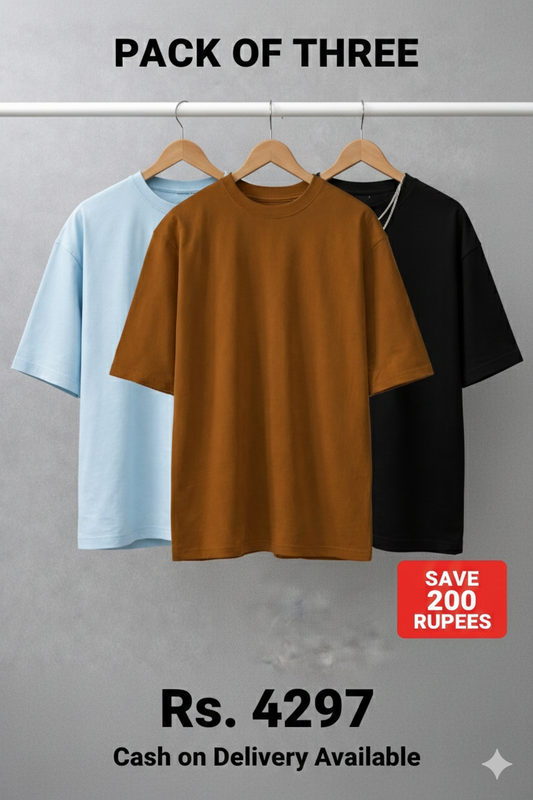 Men's Pack of 3 T-Shirts Combo - Drop Shoulder Oversized Fit | Brown, Sky Blue & Black