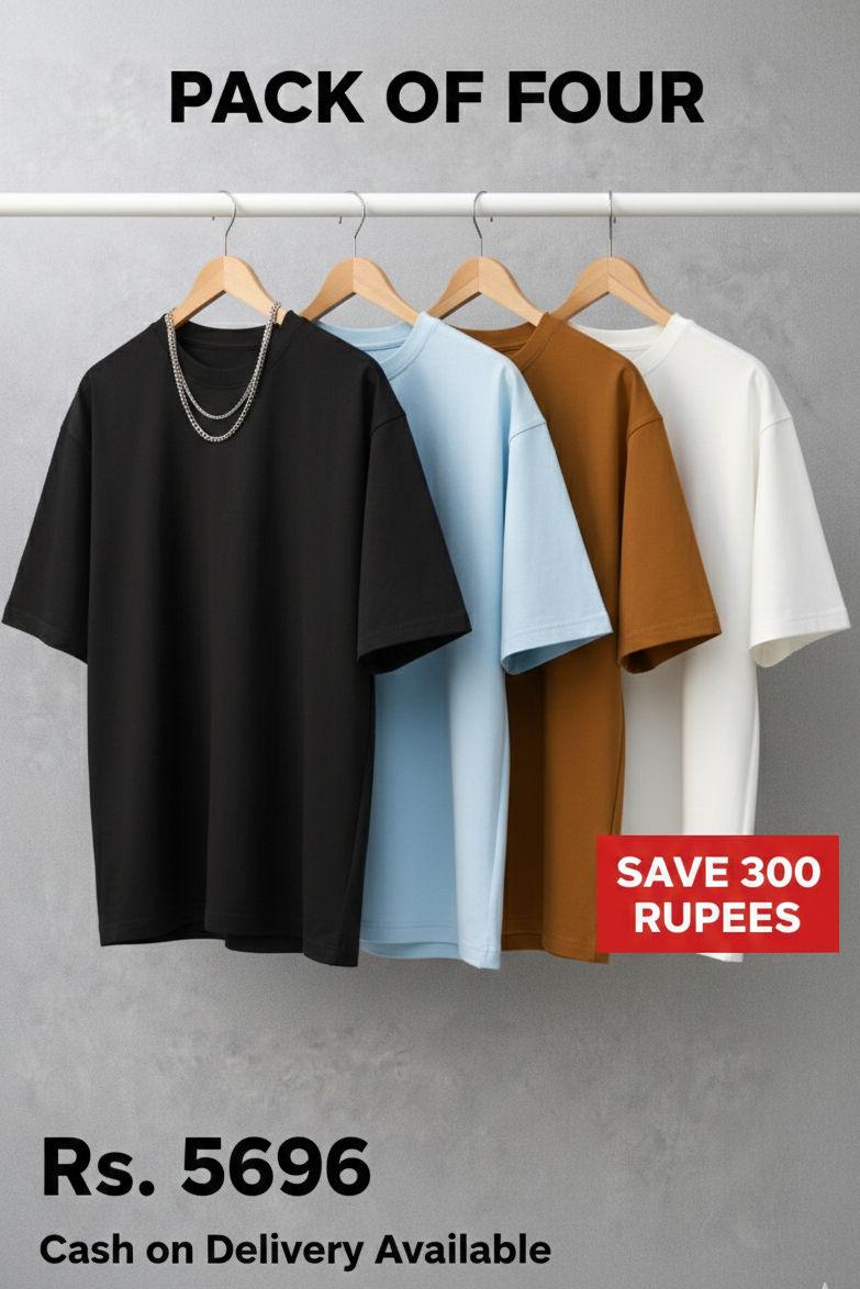 Pack of 4 Premium Drop Shoulder T-Shirts - Save Rs. 300 | Men's Oversized Tees