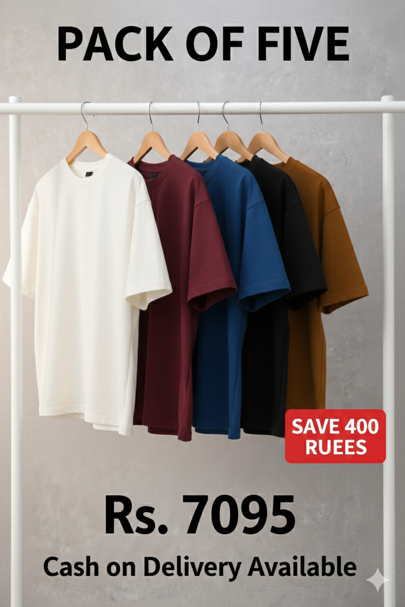 Pack of 5 Premium Drop Shoulder T-Shirts - Save Rs. 400 | Men's Oversized Tees