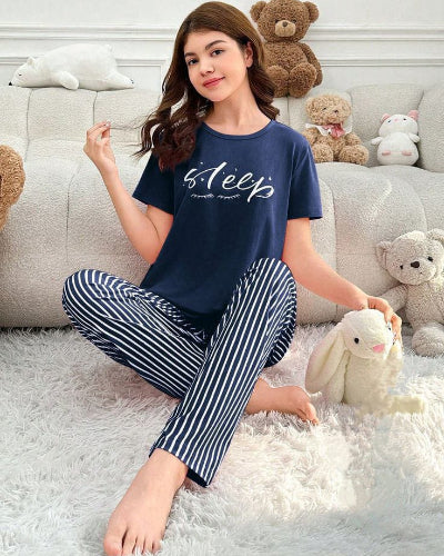 Navy Blue Sleep Tee & Striped Pajama Set