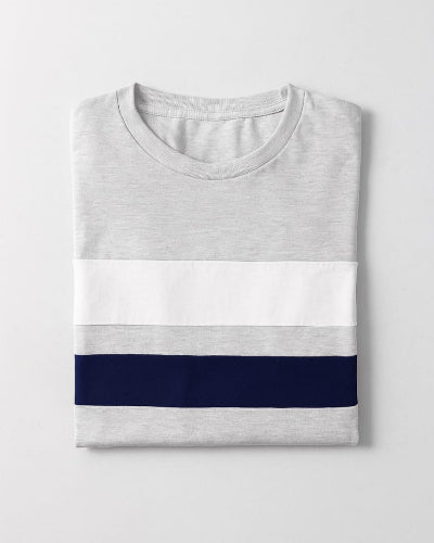 "Men's Color Block Crew Neck T-Shirt - Grey, White & Navy Blue"