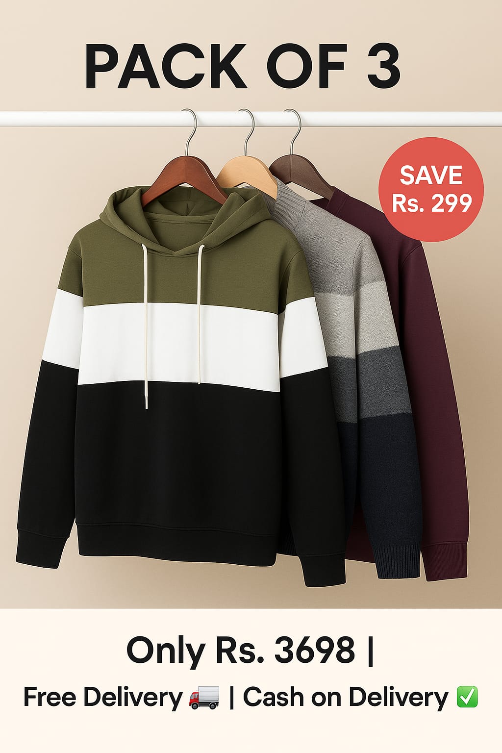 ✨ Pack of 3 Premium Winter Hoodies – Save Rs. 299