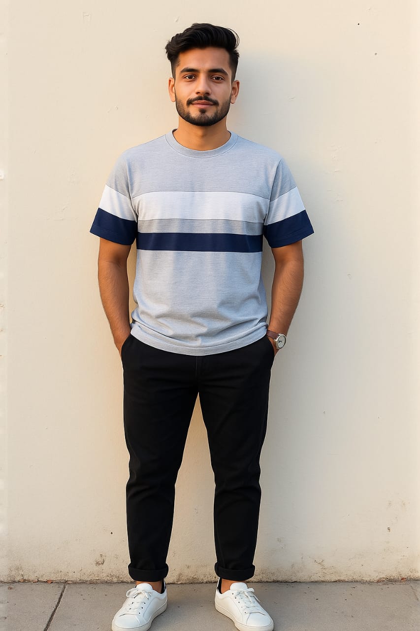 "Men's Color Block Crew Neck T-Shirt - Grey, White & Navy Blue"