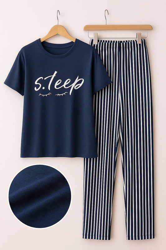 Navy Blue Sleep Tee & Striped Pajama Set