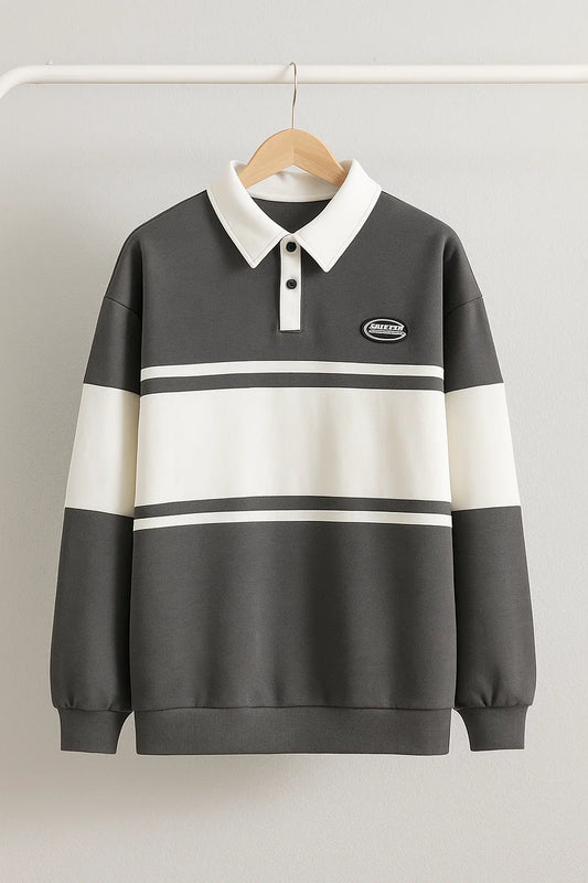 Grey & White Contrast Polo Sweatshirt – Casual Winter Fleece