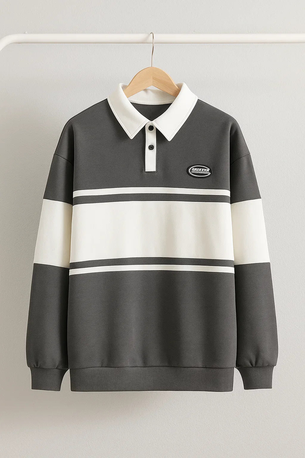 Grey & White Contrast Polo Sweatshirt – Casual Winter Fleece