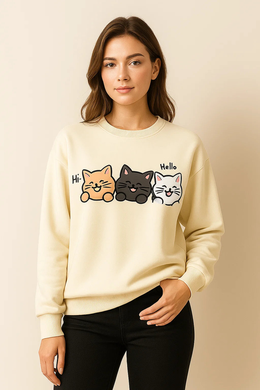 Cute Triple Cat Graphic Cream Sweatshirt